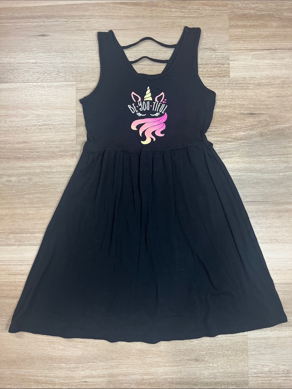 Justice Girls Black Sleeveless Tank Dress with Unicorn Be-YOU-tiful, size 6/7